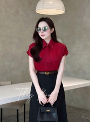 ☘️A304-  ÁO SƠ MI GU LUA TAY LIỀN MIX NƠ CỔ 🌿
