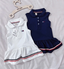 CB240- Combo 2 đầm polo TÔM MÌ chân xoè bé gái trắng- xanh