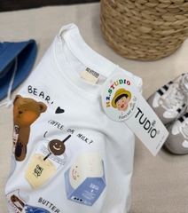 BT927-Bộ mũ vàng tròn GÁU BEAR trắng xanh quần chất mềm