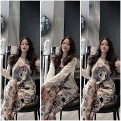 set816- bộ cô gái cotton màu trắng quần suông in cạp chun