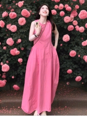 DAM168 -VÁY dài midi sát nách hồng