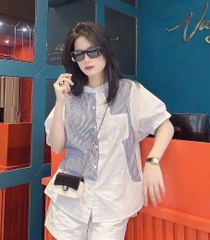 A263- Áo SƠ MI trắng kẻ PHỐI CỔ TẦU chất thô lụa