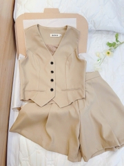 Set869-Set áo gile nâu sát nách phối quần váy vải chéo thái mềm mại