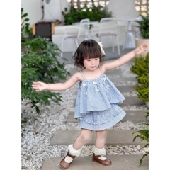 SETKID048-Set áo dây kẻ xanh đính nơ trắng