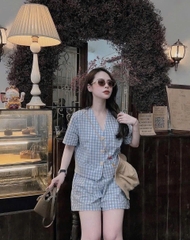 Set968- Set kẻ caro xanh quần short áo cộc