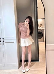 A795- Ao len  cộc màu Hồng viền bé  thêu hình full tem Camilla