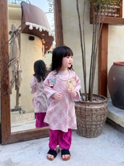 Bt768- Bộ áo dài bé gái cách tân đính khuy tàu 2 màu TẶNG  kèm vòng