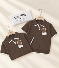 A744-Áo len dệt kim cộc tay nâu viền trắn Camilla