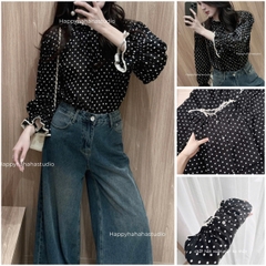 A138-Áo sơ mi nữ voan đen chấm bi vintage