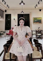 Đầm hoa cổ V xoè bèo 2 lớp