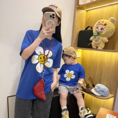 A497-Áo thun đôi mẹ con màu xanh dương hoa trắng