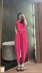 Set875-Set áo cộc kẻ hồng phối quần baggy dài