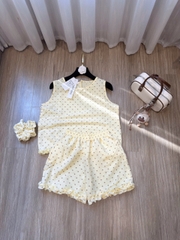 Set972-Set mặc nhà vải đũi mát chấm bi vàng TẶNG KÈM DÂY TÓC