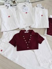 Set865- Set áo thun đỏ cúc phối quần jean trắng suông nổi bật