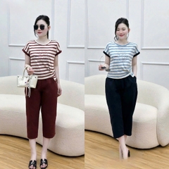 Set729-Set mặc nhà áo thun giấy phối quần lửng pha gió cạp chun