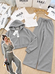 Set1052- Set áo nỉ xám có mũ phối quần suông TẶNG KÈM áo thun trắng