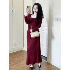 SET393- Set áo cadigan đỏ phối váy 2 dây đính hoa