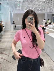 A520-Áo len dệt kim cộc tay màu hồng thêu ngựa mẫu mới