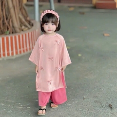 SETKID011-Se áo dài hòng đính nơ bé gái tặng kèm xược
