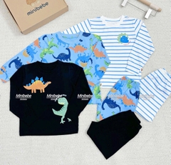 Bt784- combo 3 bộ dài tay cotton bé trai khủng long kẻ xanh