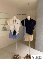 A255-Áo  sơmi nữ tay hến thêu gấu 2 màu xanh trắng