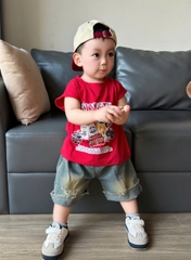 BT856-Bộ áo thun sát nách đỏ phối quần jean cộc cho bé 9-22kg