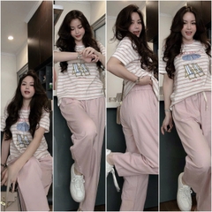 Set716- Set COAST hồng kẻ mix quần bom gió