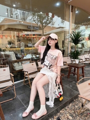 A309- Áo phong kitty loang 2 màu hồng-vàng dáng suông