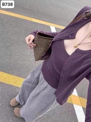 A369-Set áo thun díp 2 dây phối cadigan màu tím