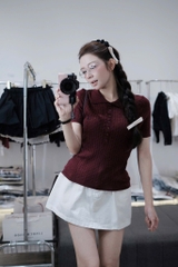 A377-Áo len cộc tay Quảng Châu cổ bẻ thêu ngực 5 màu trơn