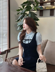 Dam174- Váy xoè ngắn đen phối tay sơ mi kẻ đính nơ