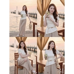 SET999- Set áo đũi be phối quần ống suông Tặng kèm dây đai