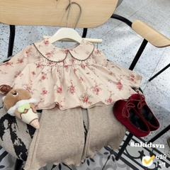 damgai09- Set áo hoa đỏ quần tăm loe dài màu be