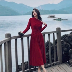 DAM130- 🏈Đầm đỏ lệch vai dài tay dáng xoè  chất tăm co giãn dài 120cm