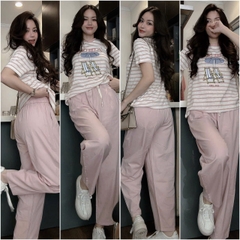 Set716- Set COAST hồng kẻ mix quần bom gió