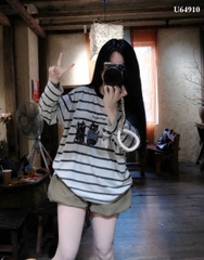 A648- Áo thun giấy dài tay trắng kẻ ngang freesize