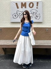 SET651-Set áo thun xanhcách điệu phối chaanvays midi trắng thô