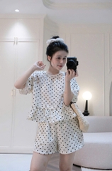 SET992-Set dáng BABYDOLL màu be chấm bi đen quần cộc