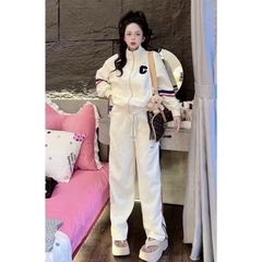 Set813- Set nỉ cua trắng đáp chữ C dáng dài quần bo