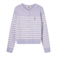 A422-Aó len cadigan kẻ ngang thêu gấu 2 màu tím nâu