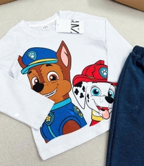 BN187-Bộ côtton thu đông dài tay bé trai CỨU HỘ TRẮNG XANH VNXK