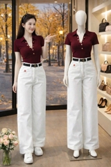 Set865- Set áo thun đỏ cúc phối quần jean trắng suông nổi bật