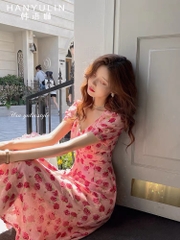 Đầm hoa  hoa hồng cổ V 2 lớp bắn  cúc ngọc