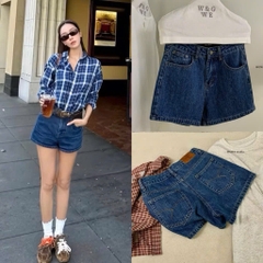 QUAN117- quần short Jeans xanh đậm mác da