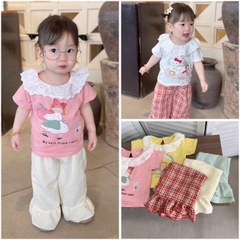 ❤️BT314-Bộ áo cotton mix quần dài kẻ bé gái 3 màu