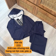 Set779- Bộ nỉ nữ có mũ vải nỉ haida xanh than phối quần dài bo ống
