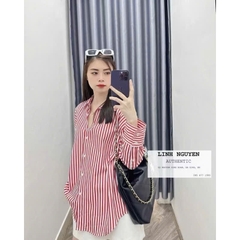 A258- áo sơ mi kẻ đỏ dáng suông chất thô lụa