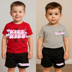 BT547- Bộ 2 áo 1 quần chất cotton mix quần kaki cạp chun đỏ ghi