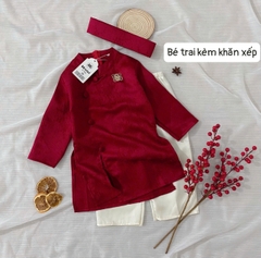 SETKID08-Set áo dài trai/gái tặng kèm mấn màu đỏ