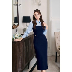 DAM134-Váy midi phối sơ mi liền cúc đồng